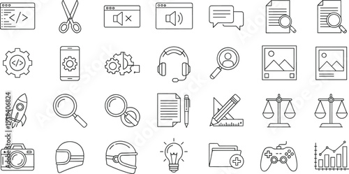 Comprehensive set of outline linear icons for web and mobile apps including coding camera gaming education legal finance music and business categories.
