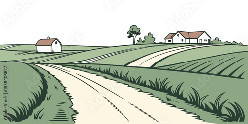 A picturesque countryside scene with winding roads and quaint houses. Vector