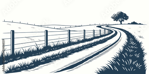 A serene winter landscape with a winding road disappearing into the distance. Vector