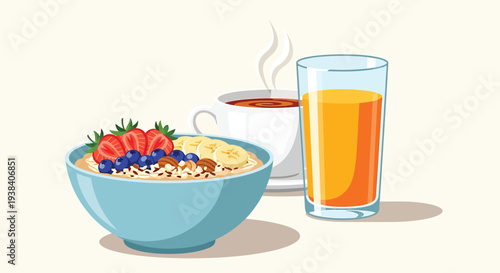 Oatmeal Bowl with Fruits and Nuts, Coffee Cup, and Orange Juice Glass