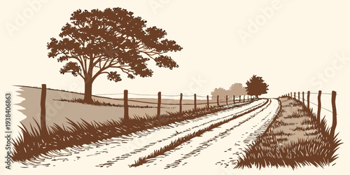 A serene winter scene with a winding path leading to a distant tree. Vector