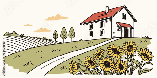 A charming countryside house with a scenic landscape and a clear blue sky Vector