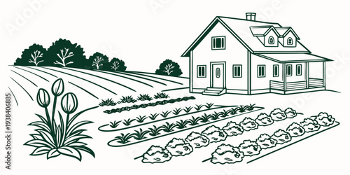 A serene countryside scene with a farmhouse and a vast field of crops. Vector