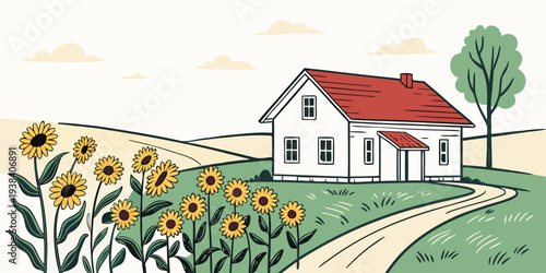 A picturesque countryside scene with a charming house and a field of sunflowers Vector