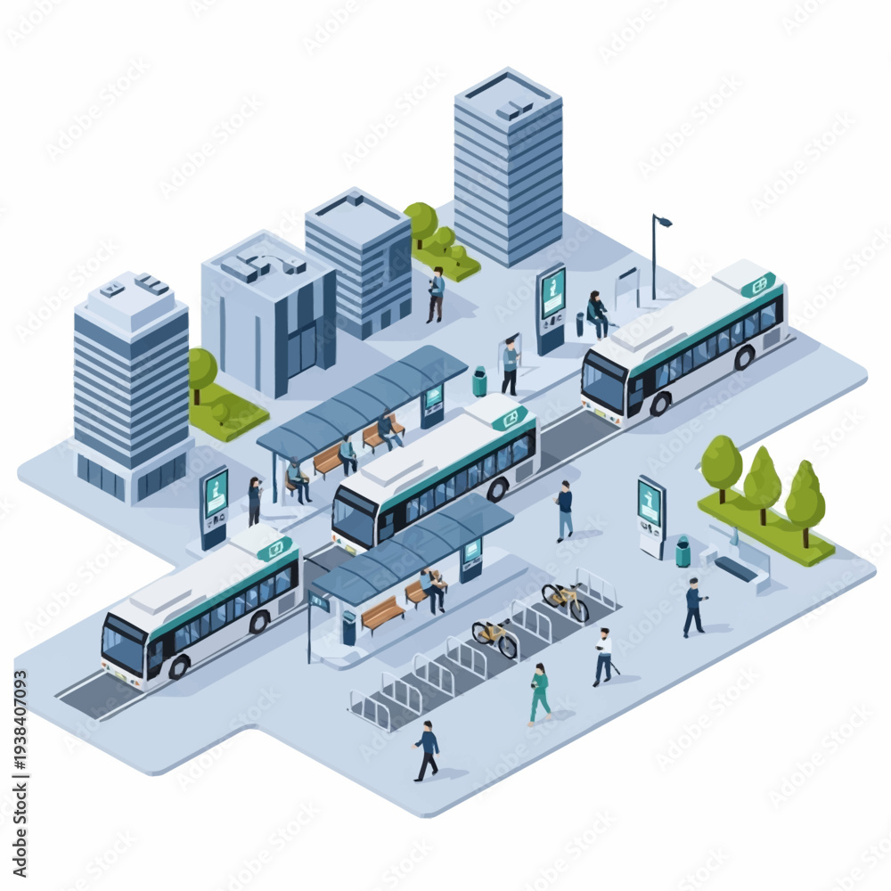 Obraz premium Modern Isometric Bus Station with City Buildings and People.