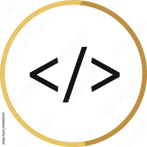 Minimalist gold ring containing programming code icon for software development.