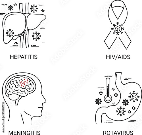 Medical icon set illustrating infectious diseases and viruses including hepatitis meningitis rotavirus and HIV AIDS for healthcare education and diagnostic awareness.