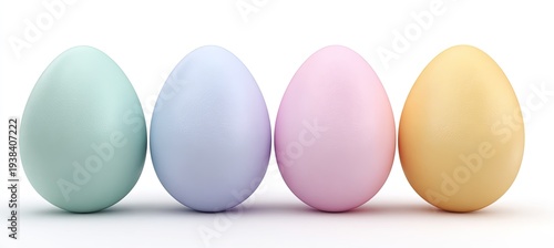 Four pastel-colored eggs in a row against a white background. Each egg has a solid color