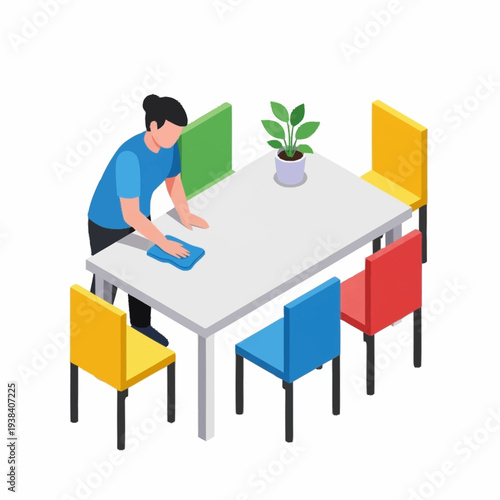 Person cleaning a table with a cloth.