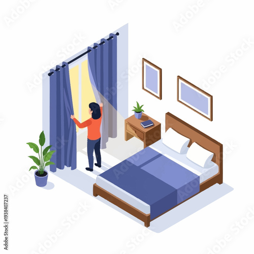 Person opening bedroom curtains letting in sunlight.