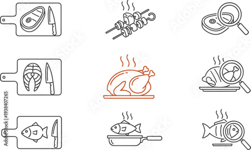Minimal Line Cooking Icons Set Featuring Meat Preparation, Grilling, Roasting Chicken, Fish Cutting, Kitchen Tools, and Food Preparation Concepts