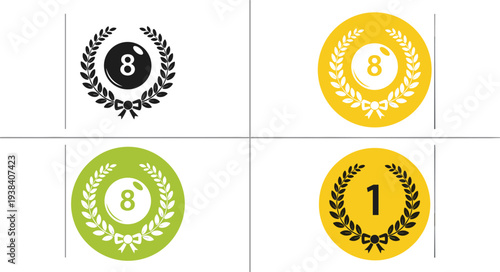 Pool Ball Icons Set Featuring Numbers 1 and 8 with Laurel Wreaths and Ribbons in Various Colors