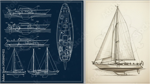 Sailing Yacht 3D AutoCAD Blueprint – Detailed Hand-Drafted Technical Drawing of Luxury Boat
