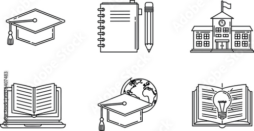 Education and Learning Outline Icon Set with Graduation Cap School Building Notebook Book Global Study Knowledge Line Art Vector Collection