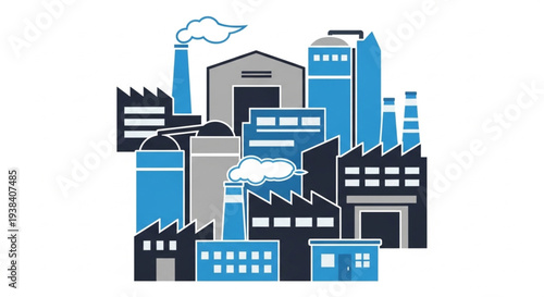 Modern industrial factory buildings with smokestacks emitting smoke.