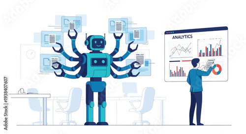 Robot with multiple arms standing tall.