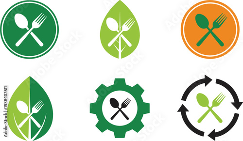 Eco Friendly Food and Sustainable Dining Icon Set with Leaf Fork Spoon Recycle Organic Restaurant Green Lifestyle Vector Collection