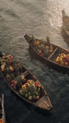 Wooden boat with tropical fruits floating on calm water at morning