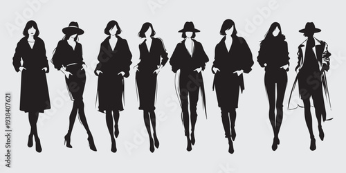 Black and White Fashion Silhouettes Trench Coat Blazer Oversized Coat Collection Vector art