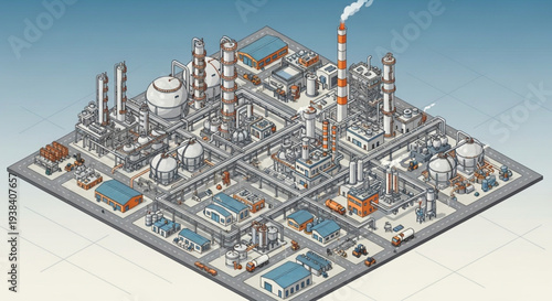Industrial oil refinery complex with pipes and towers illustration.