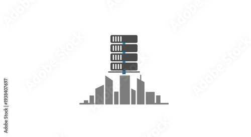 Servers and city skyline silhouette.