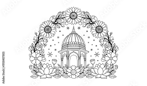 Ornamental temple with floral botanical frame black line art vector illustration isolated on white