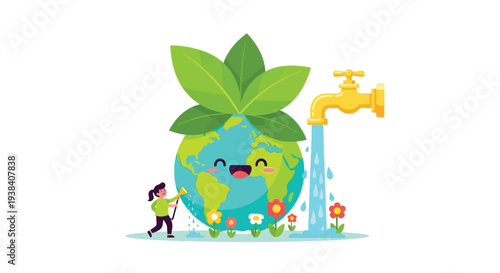 A happy earth with a water tap and growing plant symbolizing conservation