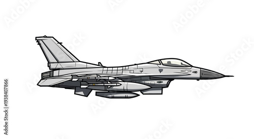 Illustration of a grey fighter jet in side profile against a white background