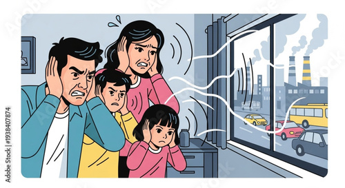 Family suffering from noise and air pollution near industrial area.