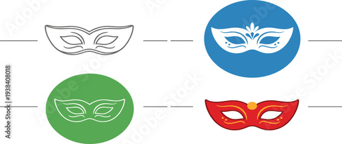Venetian carnival mask icons set in different styles including outline flat and colorful designs for masquerade party festival ball and mardi gras celebration.