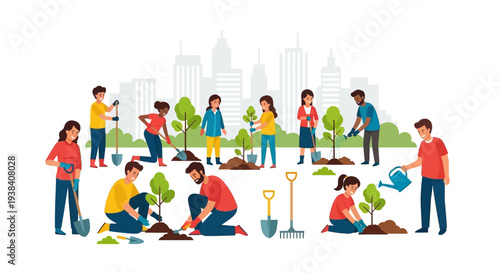 People Planting Trees and Gardening Together.