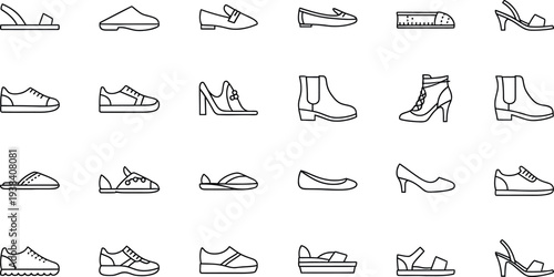 Collection of black outline icons representing various styles of footwear and shoes