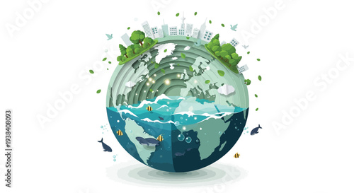 A layered papercraft globe depicting earth s ecosystems and wildlife