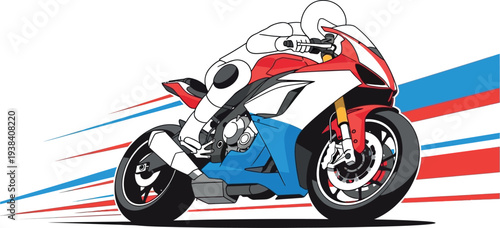 Dynamic cartoon illustration of a superbike racer speeding with vibrant motion lines.