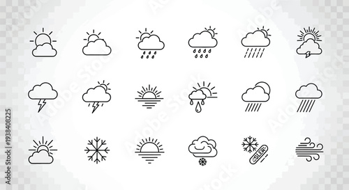 Collection of simple black line art weather icons on a transparent background