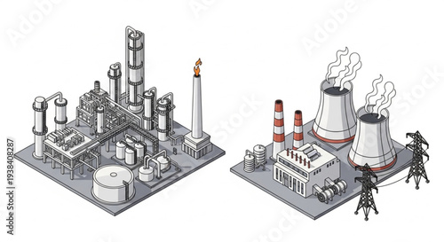 Industrial factory complex with cooling towers and chimneys.