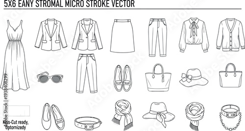 Collection of various women's fashion clothing and accessories in micro stroke vector format.