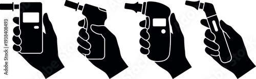 Breathalyzer Breath Alcohol Tester Icons Set Vector Art Hand Holding Digital Breathalyser Silhouette