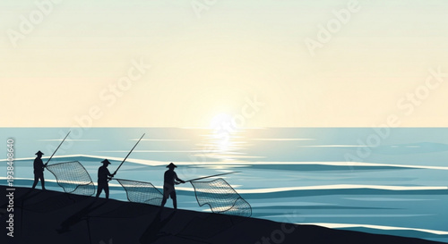 Three fishermen casting nets into the ocean at sunrise with calm waves and serene atmosphere on the shore