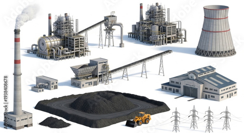 Industrial power plant complex with coal pile and cooling tower.