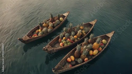 Wooden boat with tropical fruits floating on calm water at morning