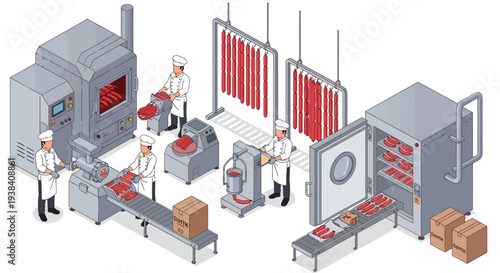 Isometric view of a busy sausage production line in a food factory