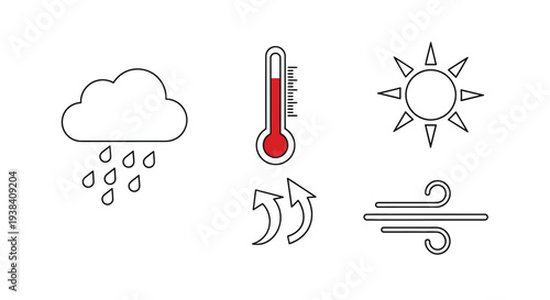 Simple weather icons depicting cloud temperature sun wind and rain