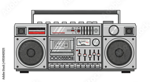 Vintage boombox illustration with detailed controls and speaker grills