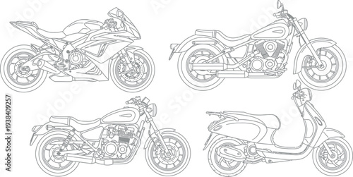 Collection of diverse motorcycle and scooter line art outlines.