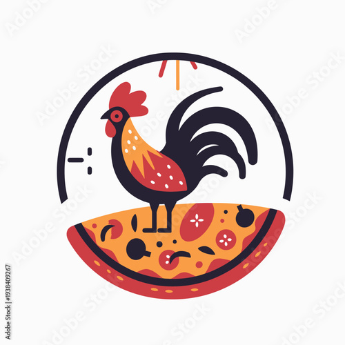 Rooster pizza logo design illustration isolated on white background