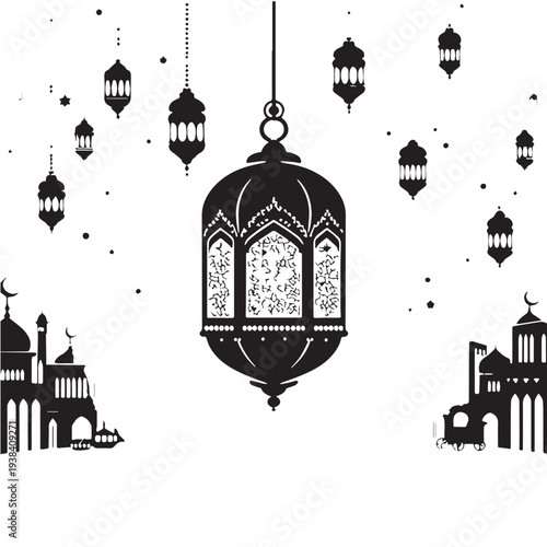Black Ramadan lantern street scene Silhouette Vector, High Quality Illustration on White Background
