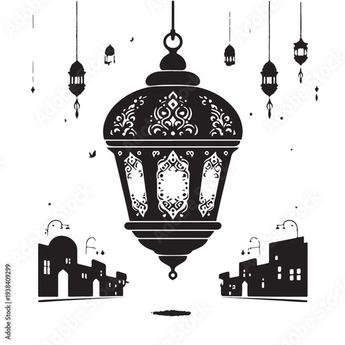 Black Ramadan lantern street scene Silhouette Vector, High Quality Illustration on White Background