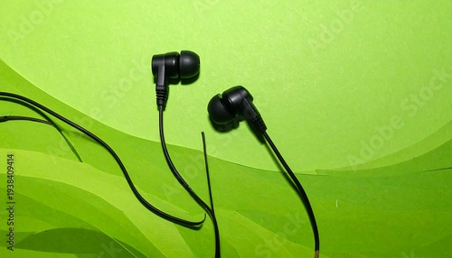 Black earbuds lie on a vivid green background with a wavy pattern. Minimalist
