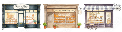 お洒落な街角のパン屋（ベーカリー）ショップフロントのイラスト素材,手書き風,ケーキ,テラス席,白背景